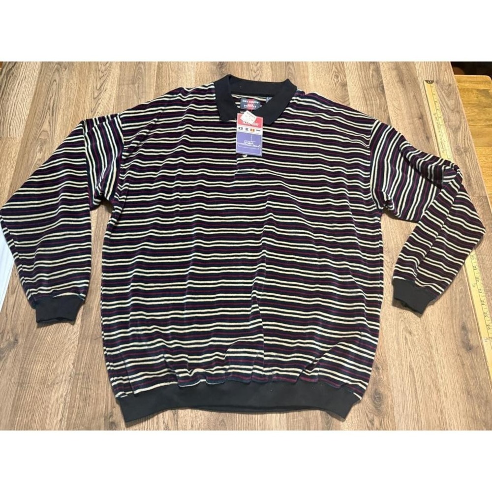 Safe Harbor Polo Mens XXL Black Striped Adult Velour Long Sleeve NWT